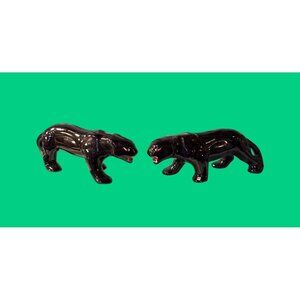 1950s Vintage Black Panther Ceramic Figurine Pair MCM Jungle Décor Vtg Stalking